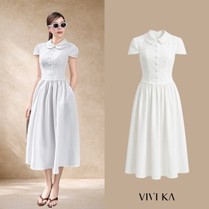 Vestido Midi Elegante de Encaje Blanco para Mujer, Cuello Peter Pan, Corte en A, Manga Corta, Ajustado, Estilo Festivo, Color Sólido, Transpirable, CINDY - Product Image 1