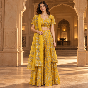Designer Georgette Lehenga Choli in Mustard Gold with Zari Thread Work | Floral Embroidered Wedding Party Set with <b>Net</b> <b>Dupatta</b> - Product Image 2