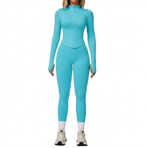 Ensemble de vêtements de sport pour femmes, 2 pièces, haut à manches longues avec fermeture éclair, leggings taille haute, vêtements de sport pour la gym et le yoga - Product Image 6
