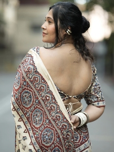 Sari Blanco Tradicional Indio de Diseño Boutique con Estampado Digital a Mano, Ropa Étnica para Mujer, Estilo Casual, Largo hasta el Suelo - Product Image 2