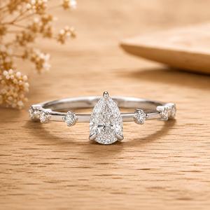Diamond Solitaire Minimalist Engagement Ring Pear Brilliant And Round Cut Lab Grown 10k 14k 18k Solid Gold Prong Set Fine Ring - Product Image 2