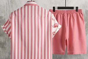 Pink Flamingo Print Polyester/Cotton Slight Stretch Short Sleeve Shirt with Matching Shorts Set for Boys Casual Wear - Product Image 5