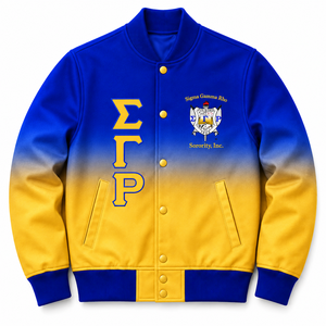 Chaqueta Universitaria Ombre de Satén para Mujer Sigma Gamma Rho con Letras Griegas Bordadas, Botones a Presión y Cuello y Puños de Punto Acanalado - Product Image 3