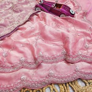 Luxury <b>Blush</b> Pink Cotton Saree Women | Traditional Heavy Sequins Floral Thread Embroidery | Designer Indian Wedding Party | - Product Image 6