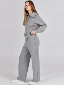 Conjunto Deportivo Verde Oliva para Mujer, Sudadera con Cierre de Media Cremallera, Pantalones Anchos, Corte Regular Informal, Manga Larga, Estampado con Efecto Ácido - Product Image 2