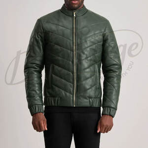 Chaqueta de cuero acolchada verde bosque para hombre, diseño en V, cuello alto, cálida, acolchada, corte ajustado, estilo motero - Product Image 3