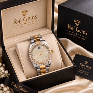 นาฬิกาข้อมือ Raj Gems คุณภาพสูง สแตนเลสสตีลสองสี หน้าปัดประดับเพชร แสดงวันที่ ระบบอนาล็อก ดีไซน์หรูหราทันสมัย สำหรับทุกเพศ สายควอตซ์ ขนาด 20 มม. - Product Image 1