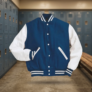 Veste universitaire classique bleue et blanche avec fermeture à boutons-pression et manches blanches contrastantes, similaire à la version adulte Holloway - Product Image 4