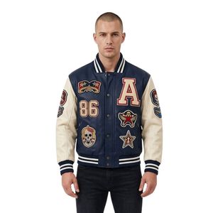 Chaqueta de béisbol de cuero azul tostado con parches, solapa de botones de cuero resistente, cuello de punta de forro polar, mangas de cuero, chaquetas cómodas - Product Image 5