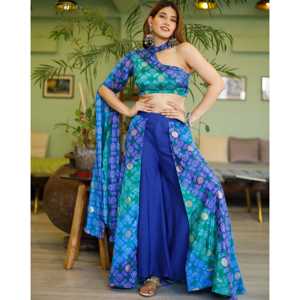 Conjunto de Falda de Gasa Azul Pétalo Transpirable para Mujer con Top de Manga Media y Hombro Descubierto, Talla XS - Product Image 5