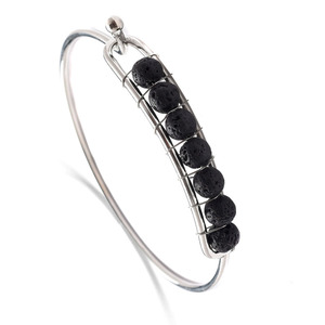 Bracelet manchette ouvert unisexe tendance Hemasa Fashions en acier inoxydable plaqué argent avec perles en pierre naturelle serties en canal - Product Image 6
