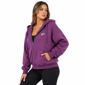 Women’s Purple Fleece Zip Up Hoodie Manufacturer Oversized Casual Sweatshirt <b>Jacket</b> with Drawstring Hood & Pockets for Wholesale - Product Image 1