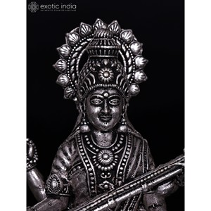 Escultura de latón Saraswati de diosa de cuatro brazos superfino pequeño de 3 pulgadas con chapado en plata para decoración del hogar y Templo - Product Image 2