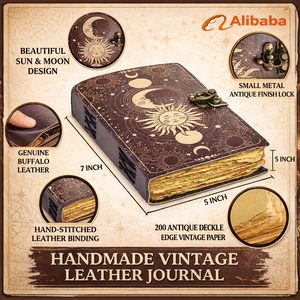 Carnet en cuir noir imprimé UV Soleil & Lune - Papier vintage à bords festonnés - Journal de croquis et de notes - Vente en gros - Product Image 5