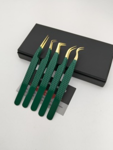 Pinzas para Pestañas de Color Verde con Punta de Fibra, Punta Dorada, Acero Inoxidable Japonés, Agarre de Diamante, 90 Grados, Pinzas Delgadas para Extensión de Pestañas - Product Image 2