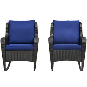 Sedia a dondolo in vimini blu scuro con struttura in acciaio e cuscini girevoli per patio e giardino - Product Image 1