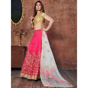 ชุดแต่งงานผ้าไหมปักลายด้ายสีเหลืองอมชมพู lehenga choli - Product Image 3