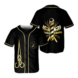 Camiseta de Trabajo Personalizada con Logotipo de Barbería, Diseño de Tijeras en Negro y Dorado, Sublimación, Lavable, Poliéster - Product Image 6