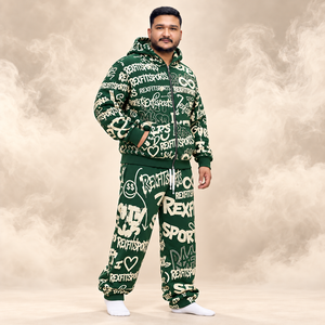 Ensemble de survêtements unisexe vert forêt et crème avec sweat à capuche zippé et pantalon, impression intégrale personnalisée, streetwear décontracté, vente en gros - Product Image 4