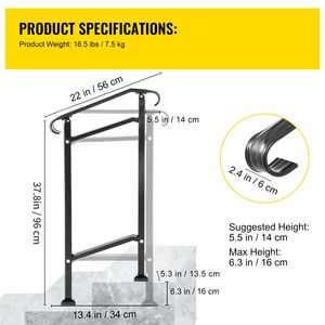 Barandilla de hierro forjado ajustable para exteriores, para 1-2 escalones, negra, de estilo transicional, para porche delantero, dispositivos de asistencia - Product Image 6