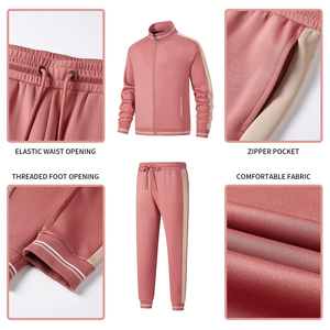 men's <b>Pink</b> <b>Tracksuit</b> Full Sleeve Zipper Closure Stand Collar Casual Autumn Wear Breathable Regular Fit Solid Color Jogging Set - Product Image 6