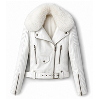 Blouson moto en cuir d'agneau blanc personnalisé avec col en fourrure de vison, fermeture éclair, design ceinturé, manteau d'hiver pour motard, unisexe