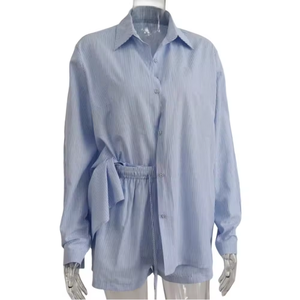 Ensemble chemise boutonnée à manches longues en coton Oxford rayé pour femme, coupe ample, décontracté, printemps-été, 2 pièces, haut et pantalon longs - Product Image 3