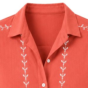 Customized Coral Embroidered Women Crop Shirt Short Sleeve Button Down Casual Summer Blouse Custom Logo <b>Linen</b> Blend Fashion <b>Top</b> - Product Image 5