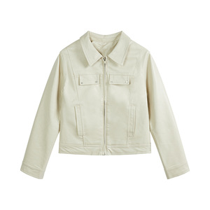 Veste en cuir unisexe, col rabattu, fermeture éclair, longueur courte, couleur unie, style décontracté, manches classiques, pour l'automne - Product Image 2