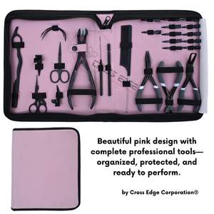 Kit d'outils pour extensions capillaires roses avec pince à micro-anneaux plats, applicateur de ruban adhésif, aiguilles à coudre pour trame et peigne à queue de cheveux - Product Image 6