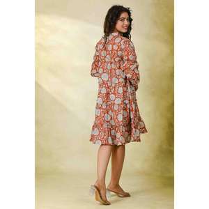 Vestido de Algodón Ecológico Lavable con Estampado Floral para Mujer, Manga Larga, Cintura Natural, Mini, Verano, Casual, Uso Diario - Product Image 4