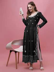 Kurti Largo de Georgette Azul Marino con Bordado, Estilo Holgado, Largo hasta el Tobillo, Ropa Casual Tradicional de la India y Pakistán - Product Image 5