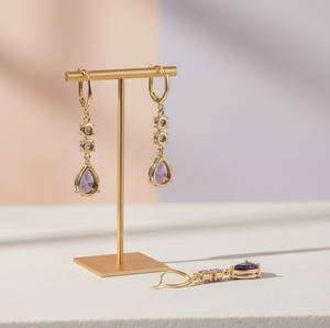 ต่างหูห้อยทรงลูกแพร์พลอยอเมทิสต์สีน้ำเงินทำมือ ราคาขายส่ง ขนาด 5 มม. ทรงกลม ชุบทอง 18K เงินสเตอร์ลิง เครื่องประดับเจ้าสาว - Product Image 2