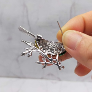 Bird Branch Brooch with Vibrant <b>Hand</b>-Painted Enamel in Emerald and Sunset Tones Elegantly Perched on Silver - Product Image 5