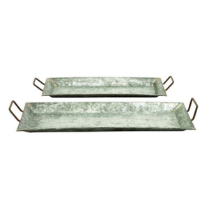 Farmhouse Rectangular <b>Serving</b> <b>Trays</b> With Handles Set Of 2 Galvanized Gray Metal Finish Decorative Ottoman <b>Trays</b> For Home Decor - Product Image 1