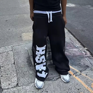 Pantalon de survêtement noir imprimé pour homme, taille élastique avec cordon de serrage, logo lettre décontracté sur la jambe gauche, tricoté mi-lourd, style automne - Product Image 4