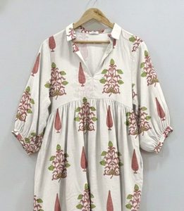 Vestido Midi Tipo Túnica Informal para Mujer, Hecho a Mano, 100% Algodón, Estampado Floral, Transpirable y Sencillo |   Ropa con Estampado de Bloques Indios - Product Image 3