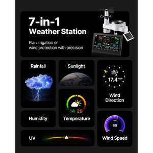 Stazione meteorologica wireless da 7,5 pollici con display VA, alimentata a energia solare, con sensori interni/esterni e pluviometro - Product Image 1