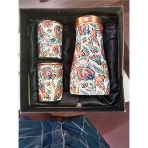 Premium Handmade Copper <b>Water</b> Bottle Set with 2 Matching Cups Artistic Printed Design, Ayurveda Wellness Set Copper Bottle - Product Image 1