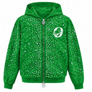 Sudadera con capucha verde brillante con cremallera completa, chaqueta de streetwear con cristales, sudadera informal de manga larga con bolsillo frontal - Product Image 1
