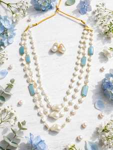 Multi-Strand Imitation <b>Pearl</b> <b>Necklace</b> <b>Set</b> Matching Earrings Long Silver Plated Indian Traditional Anniversary Red Stone Accents - Product Image 2