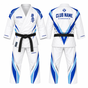 MEGAMAPLE Kyokushin Karate Gi Blanc Bleu Imprimé Géométrique Transfert Thermique Col en V Manches Longues Respirant 420g Polyester - Product Image 1