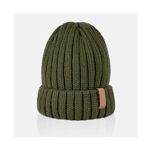 Gorro de punto grueso con parche de cuero y logo personalizado, cálido para invierno, verde oliva, con dobladillo, estilo slouchy, para esquí, venta al por mayor - Product Image 1