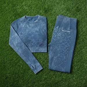 <b>Women</b> Blue Acid Wash Yoga Set Long Sleeve <b>Crop</b> Top High Waist Full Length <b>Leggings</b> Gym Fitness Workout Activewear - Product Image 5