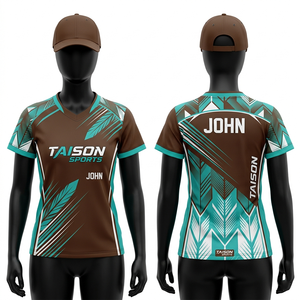 เสื้อแบดมินตันหญิง 150 GSM โพลีเอสเตอร์พรีเมียม ระบายอากาศได้ดี สีชมพู สีฟ้า ลายเรขาคณิต พิมพ์ลายแบบ Sublimation พร้อมสกรีนชื่อและโลโก้ตามสั่ง - Product Image 4