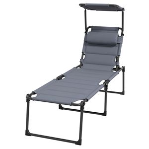 Sdraio Pieghevole in Ferro Grigio Stile Tradizionale con Schienale Regolabile, Tettuccio Parasole e Cuscino per la Testa, Ideale per Esterni, Piscine e Hotel - Product Image 1