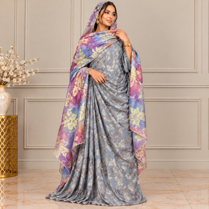 Exotic Teal & Olive Green Somalian Fransawi Dirac Set with Floral Design Made of Silky Fabric for Women Party Wear - Product Image 6
