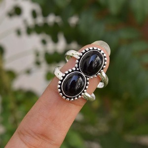 Bague en argent massif 925 avec double pierre d'onyx noir pour femme, bague de créateur - Product Image 2