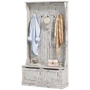 Distressed White 3-in-1 Entryway Bench with Coat Rack Hall Tree 5-<b>Hook</b> <b>Shoe</b> Storage Stand for Hallway - Product Image 1