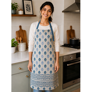 Tablier en lin de qualité supérieure |   Tablier en lin à imprimé floral bleu avec bordure décorative |   Tablier de cuisine et de pâtisserie réglable - Product Image 1